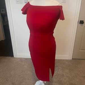 Off the shoulder red midi dress